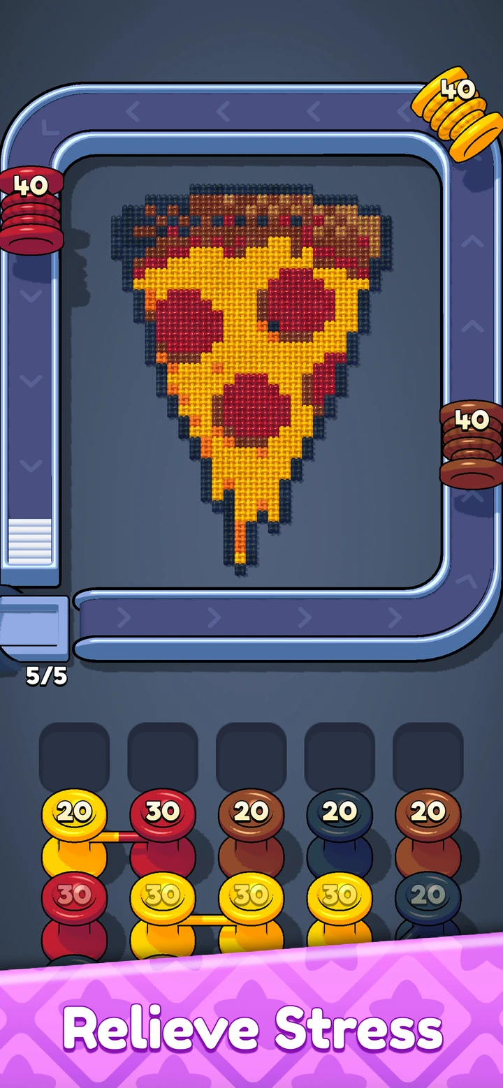 Captura del App Store de Yarnation con una porción de pizza tejida, bobinas de colores en la cinta y bobinas amarillas y rojas enlazadas en la cola.