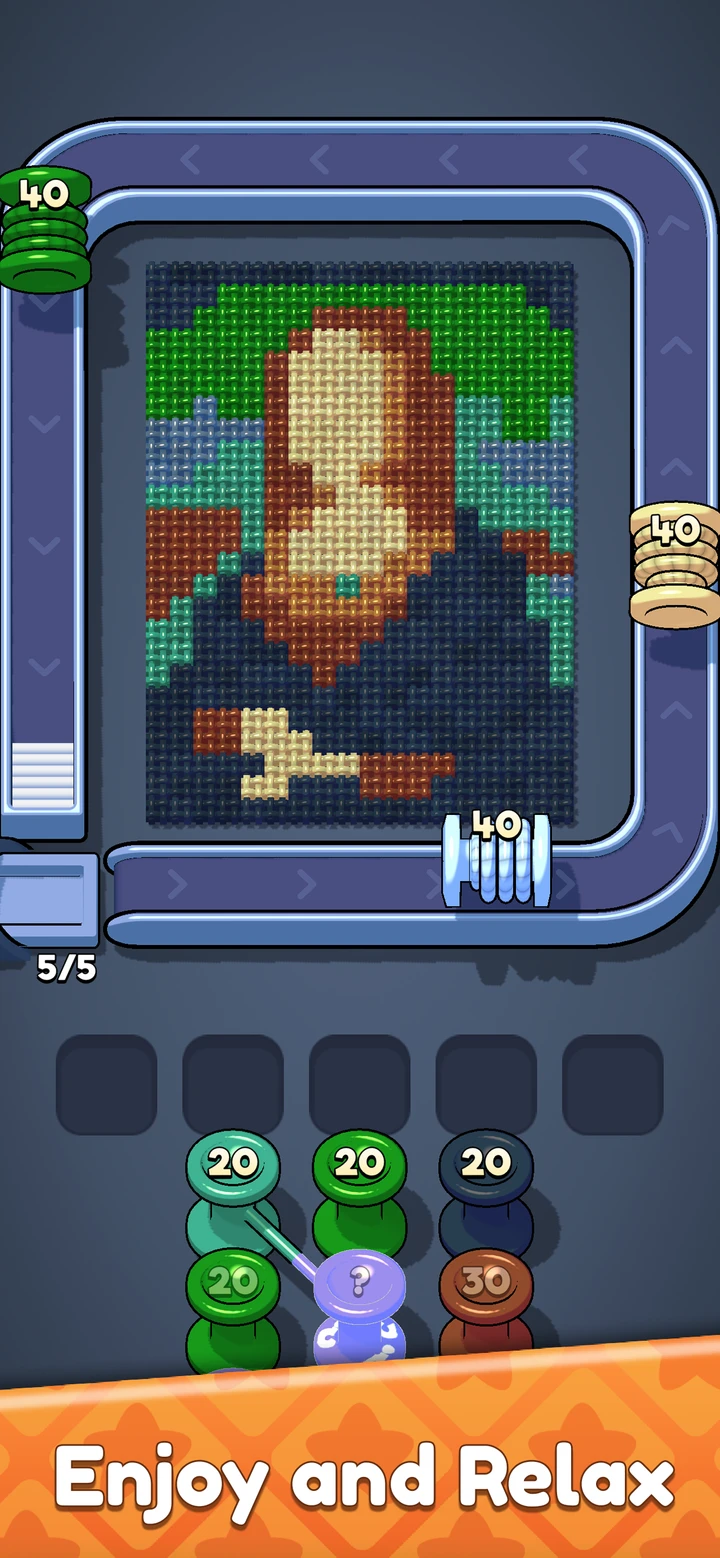 Captura del App Store de Yarnation con un retrato tejido, bobinas verdes y crema en la cinta, espacios libres y una bobina con interrogación en la cola.